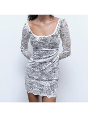 ZARA White Lace Mini Dress with Dark Lining and Sheer Sleeves Size Small